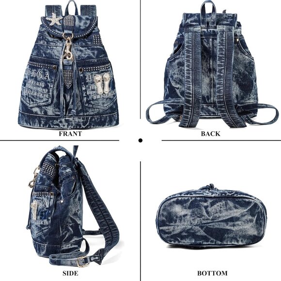 Blue Denim Backpack Purse with Rhinestones, Casual Daypack, 15-inch - Picture 4 of 7